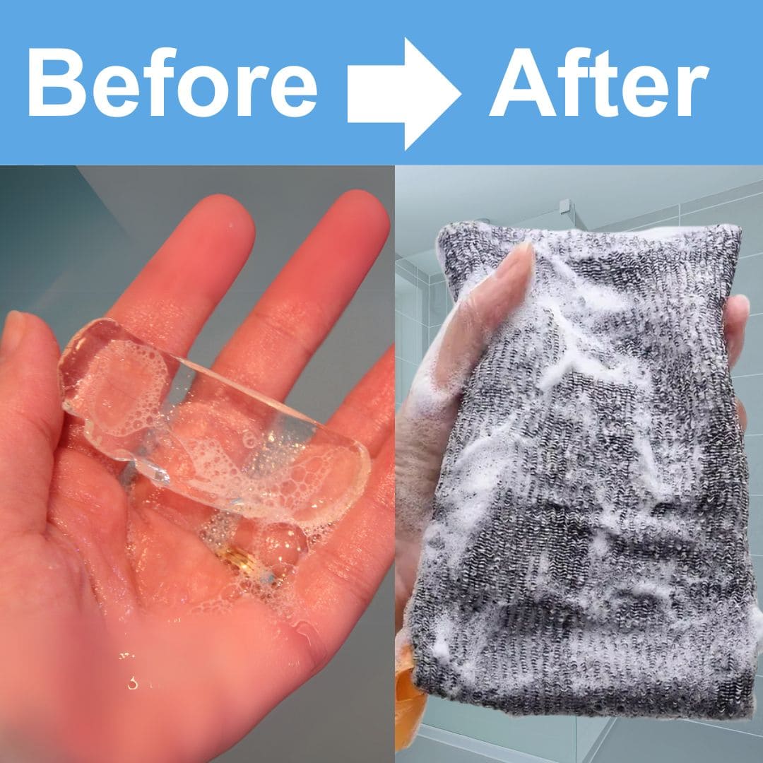 Mirai Clinical Soap Saver Scrub Bag before and after: soap fragments versus rich lather.