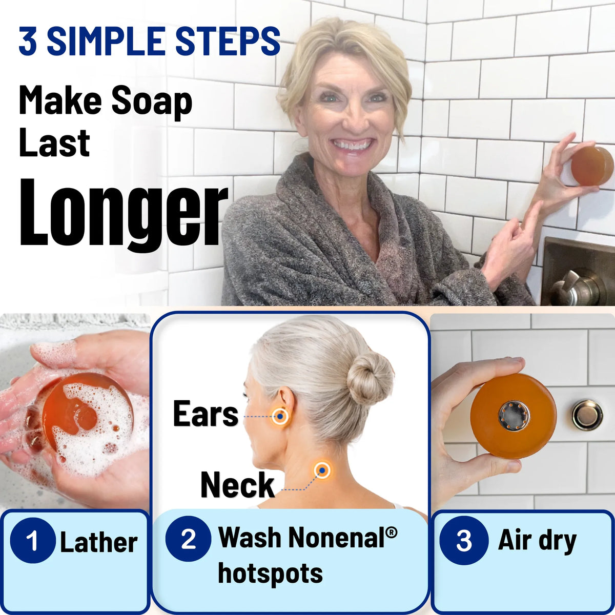Unscented - Woman in robe demonstrating Mirai Clinical deodorizing soap steps for longer-lasting freshness and eliminating Nonenal