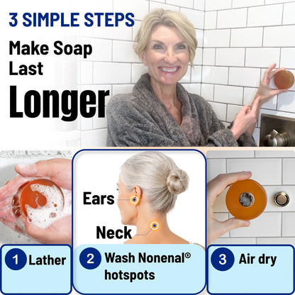 Unscented - Woman in robe demonstrating Mirai Clinical deodorizing soap steps for longer-lasting freshness and eliminating Nonenal