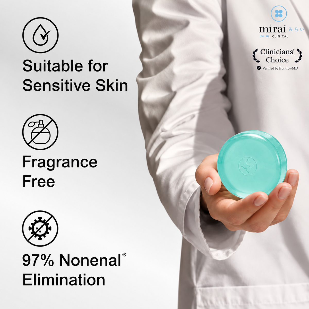 Mint - Hand in white lab coat holding teal persimmon soap bar, fragrance-free, suitable for sensitive skin, 97% Nonenal elimination