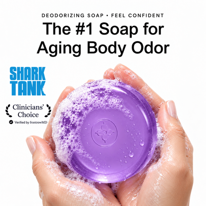 lavender - Hands holding lathered purple Mirai lavender soap bar, the #1 deodorizing soap for aging body odor, as seen on Shark Tank