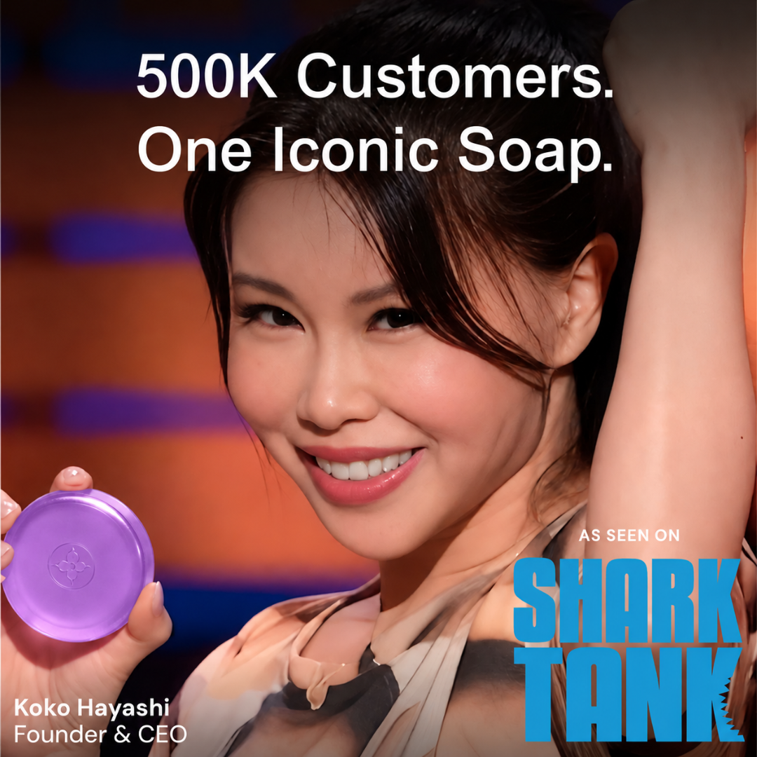 lavender - Mirai Clinical founder and CEO Koko Hayashi holding purple lavender soap, 500K customers, as seen on Shark Tank