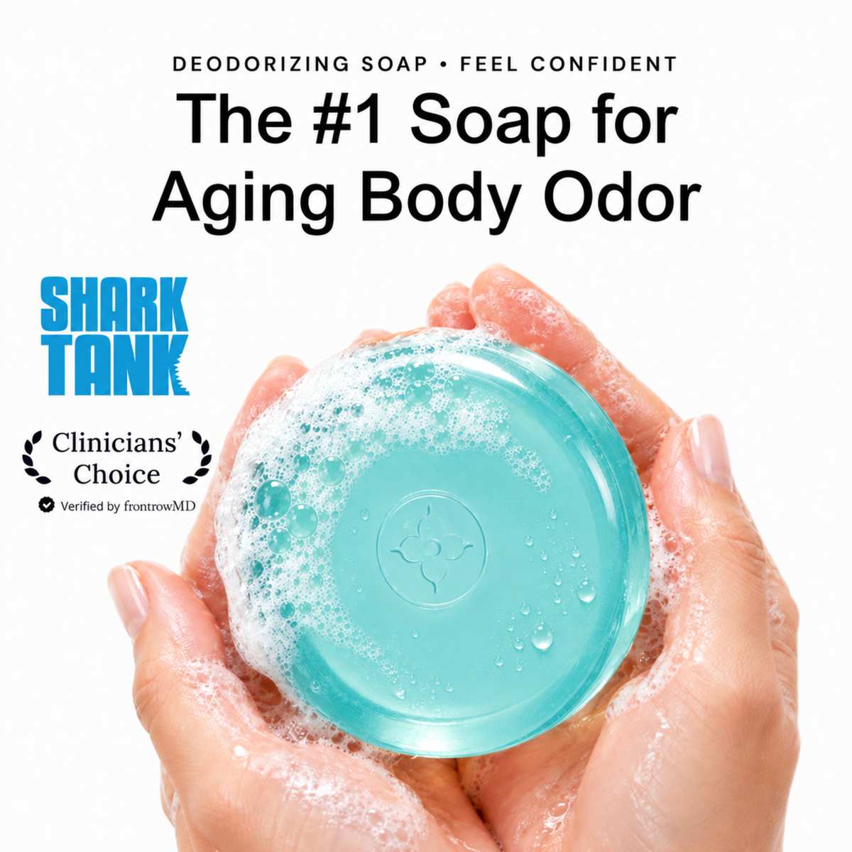 Mint - Hands holding lathered teal Mirai persimmon soap bar, the #1 deodorizing soap for aging body odor, as seen on Shark Tank