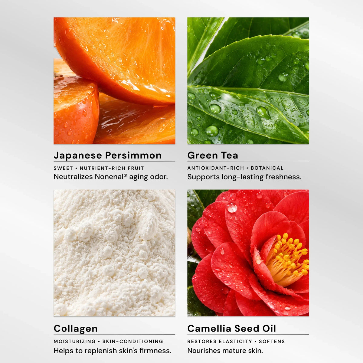 Unscented - A four-panel skincare ingredient graphic on a light gray background. The top-left panel shows sliced orange Japanese persimmon with text reading 'Japanese Persimmon' and benefits about neutralizing nonenal odor.