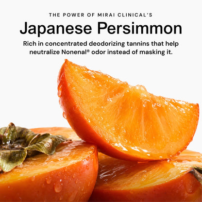 Unscented - Promotional graphic for Mirai Clinical's Japanese Persimmon scent, featuring a glossy close-up of sliced persimmon with water droplets on a white background, with text explaining its odor-neutralizing properties.