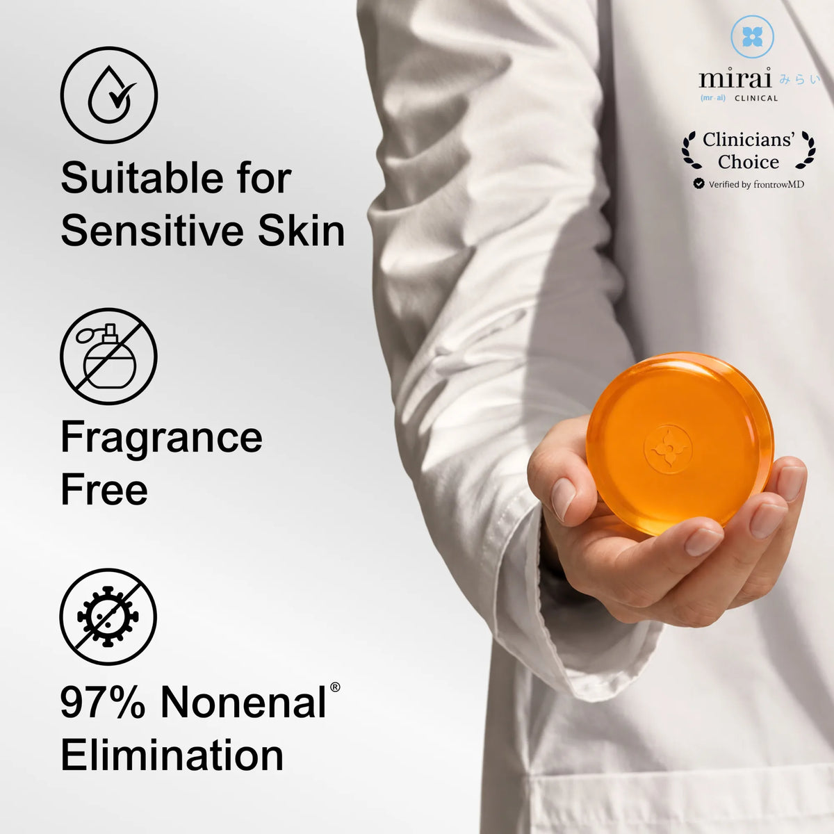 Unscented - A person in a white lab coat holds an orange translucent cosmetic jar against a light gray background with promotional text reading 'Suitable for Sensitive Skin,' 'Fragrance Free,' and '97% Nonenal Elimination.' Brand logos for mirai and Clinicians' Choice appear in the upper right.